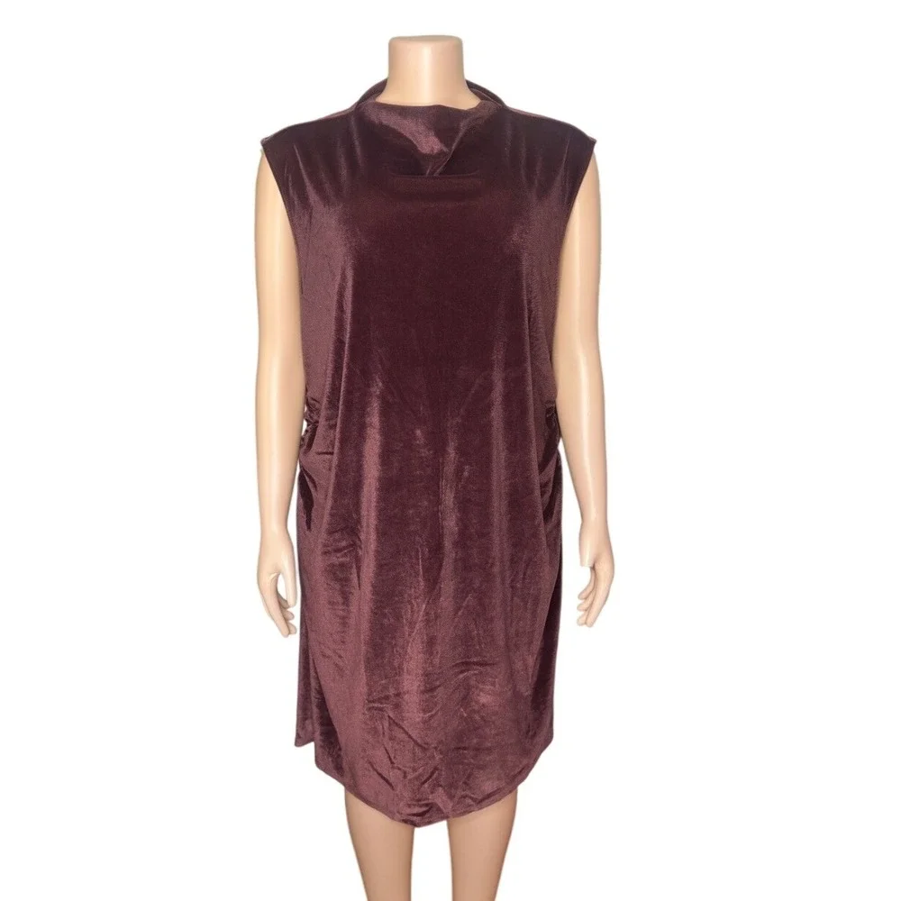 A‎ New Day Dress Women's Sleeveless Midi Mock Neck Ruched Velvet Dress Size 2X